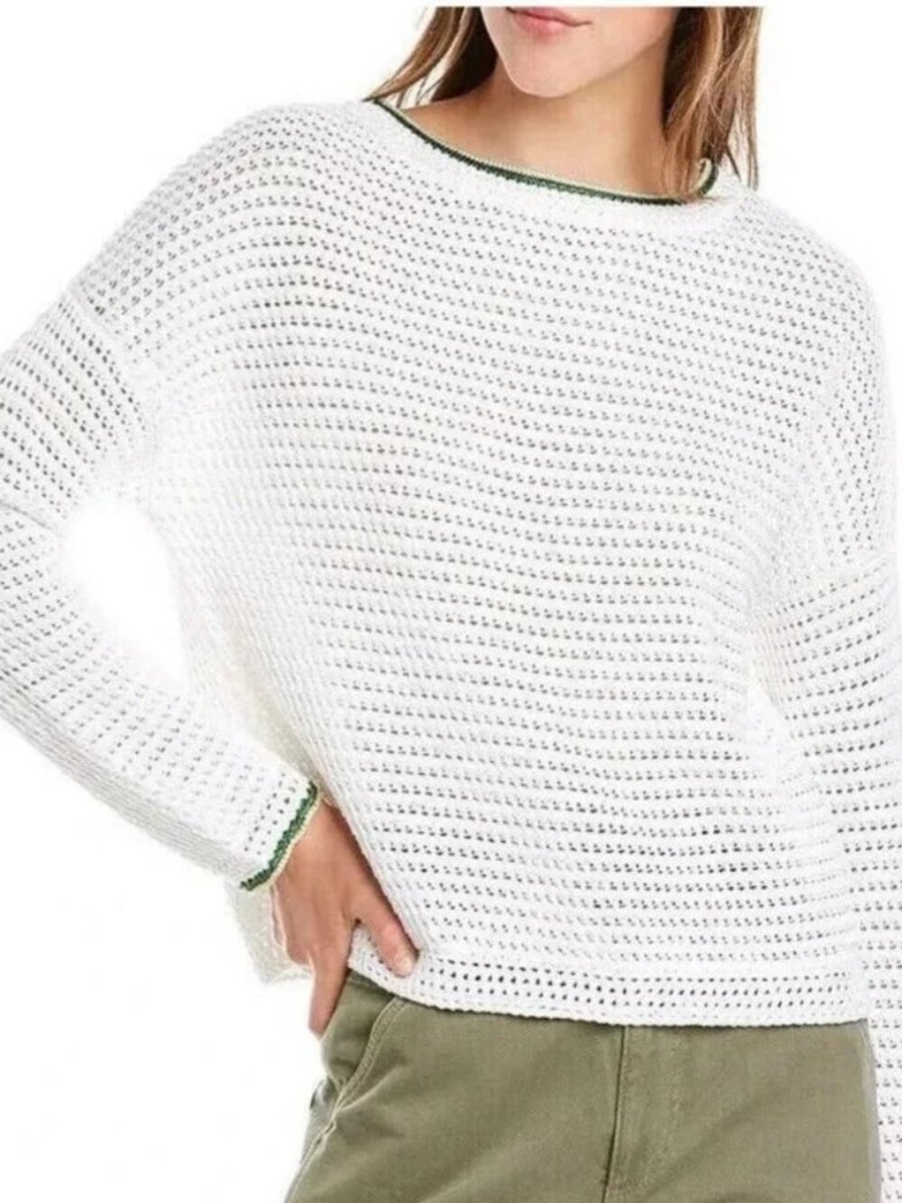 Vince | White Organic Cotton Crochet Knit Crew Neck Sweater Small